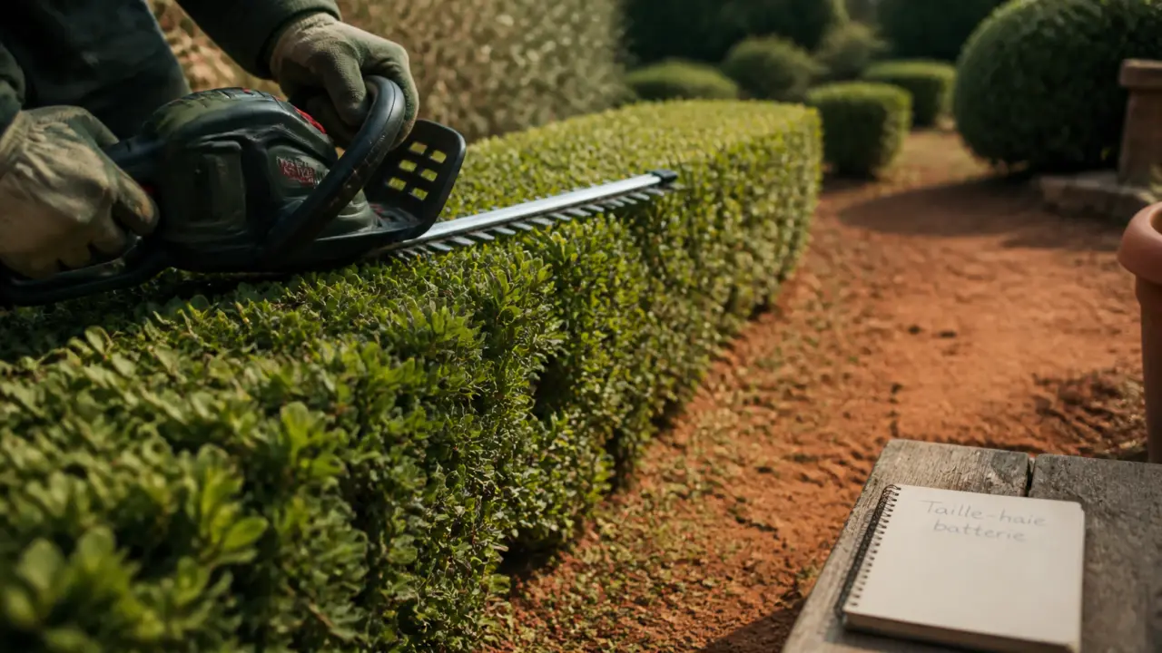 taille haie sur batterie en action dans un jardin