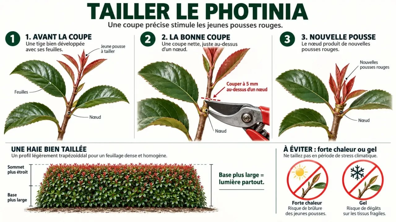 Schéma des gestes de taille du photinia au-dessus d’un nœud pour favoriser les repousses rouges