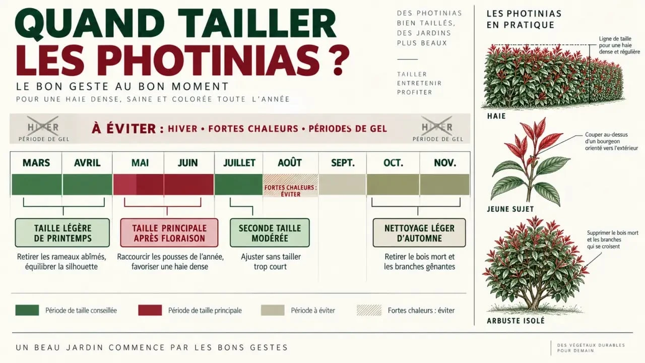 Calendrier illustré pour savoir quand tailler les photinias selon la saison et le type d’arbuste