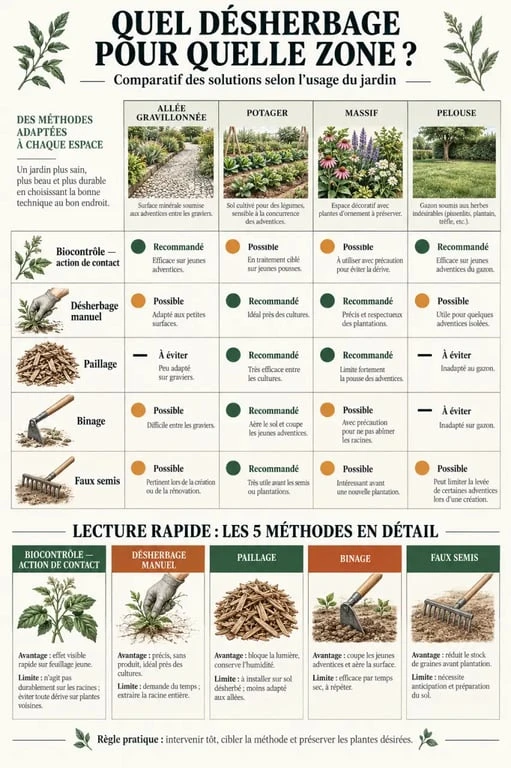 Quel est le meilleur désherbant selon la zone du jardin et le type de mauvaise herbe