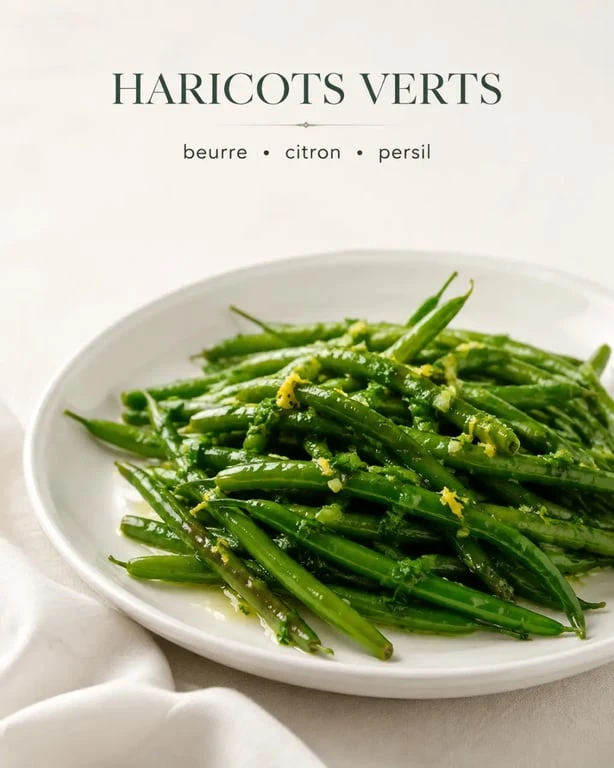 Cuisson haricot vert frais : haricots verts juste cuits, brillants et encore croquants dans une assiette