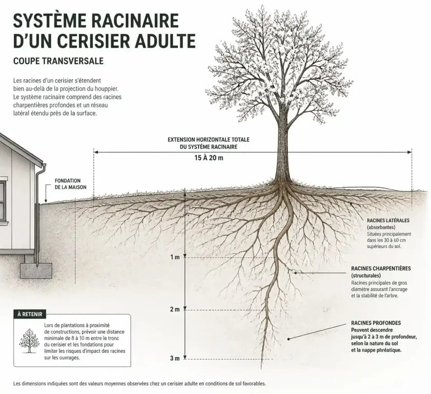 Schéma illustrant le développement de la racine du cerisier et son interaction avec les fondations