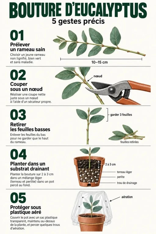 Étapes d’une bouture d’eucalyptus, de la coupe du rameau à la mise en pot