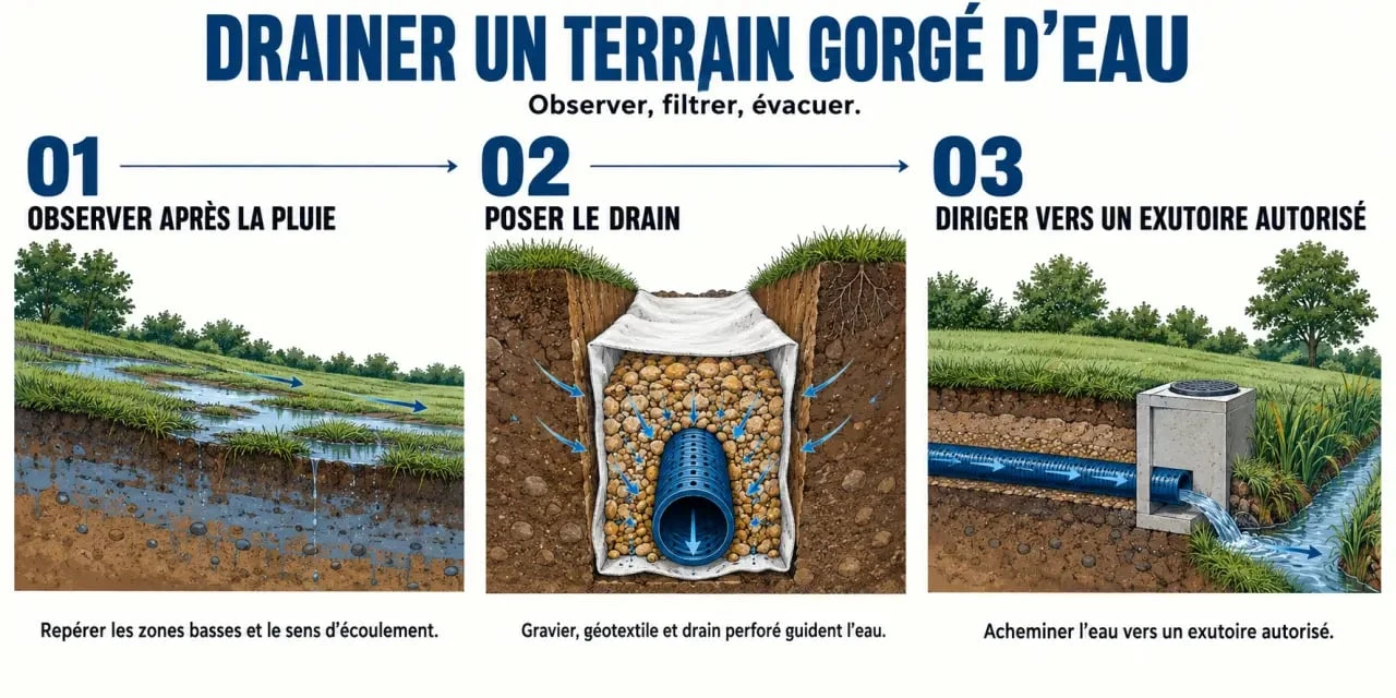 Illustration des étapes pour drainer un terrain gorgé d’eau, du diagnostic à l’installation du drain