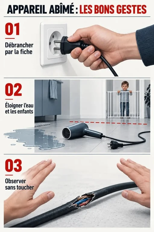 Mise en sécurité face à un appareil électrique abîmé avant diagnostic