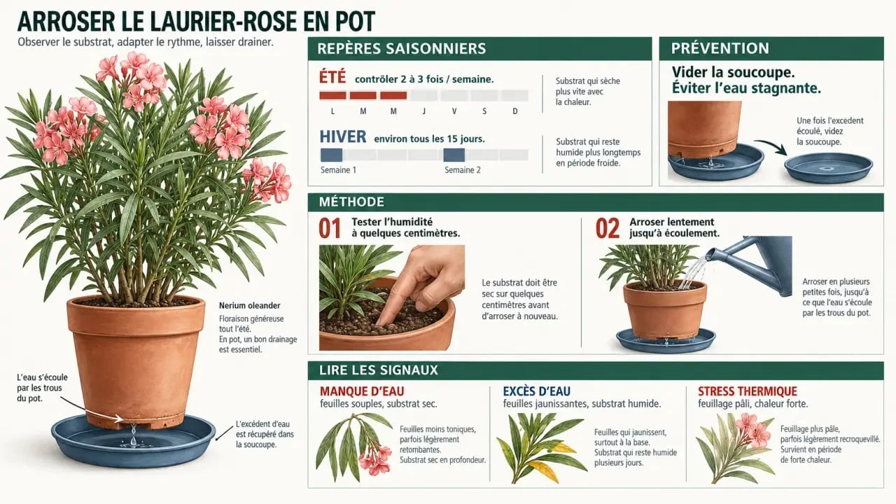 Infographie sur l'arrosage laurier rose en pot selon les saisons et les signes d'humidité