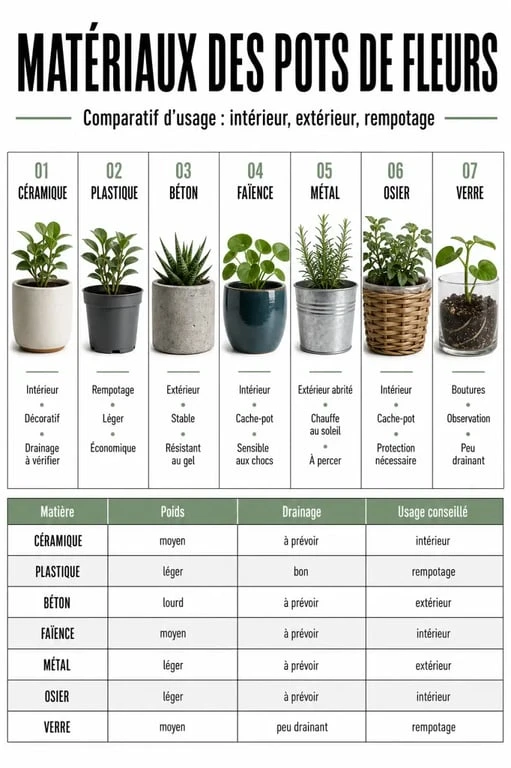 Comparatif visuel des matériaux pour un pot de fleurs