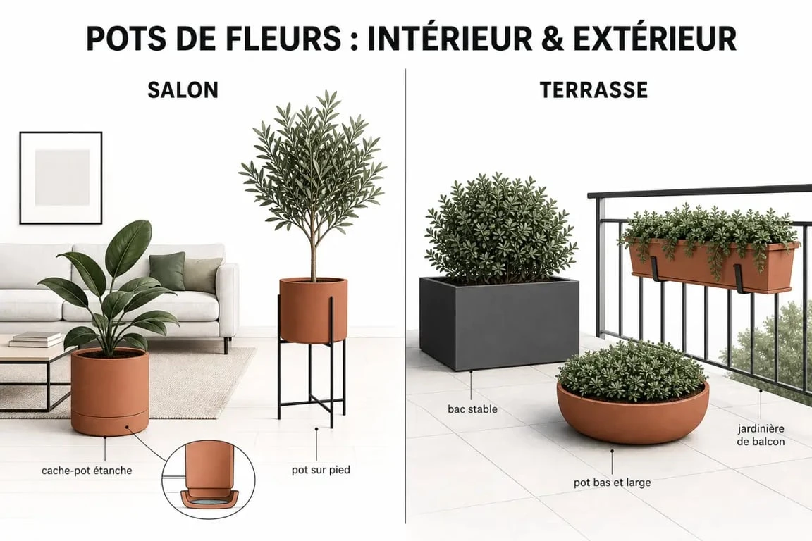Mise en situation d’un pot de fleurs en intérieur et en extérieur