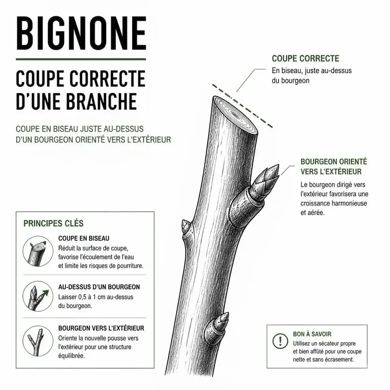 Technique de coupe pour tailler la bignone au-dessus d'un bourgeon