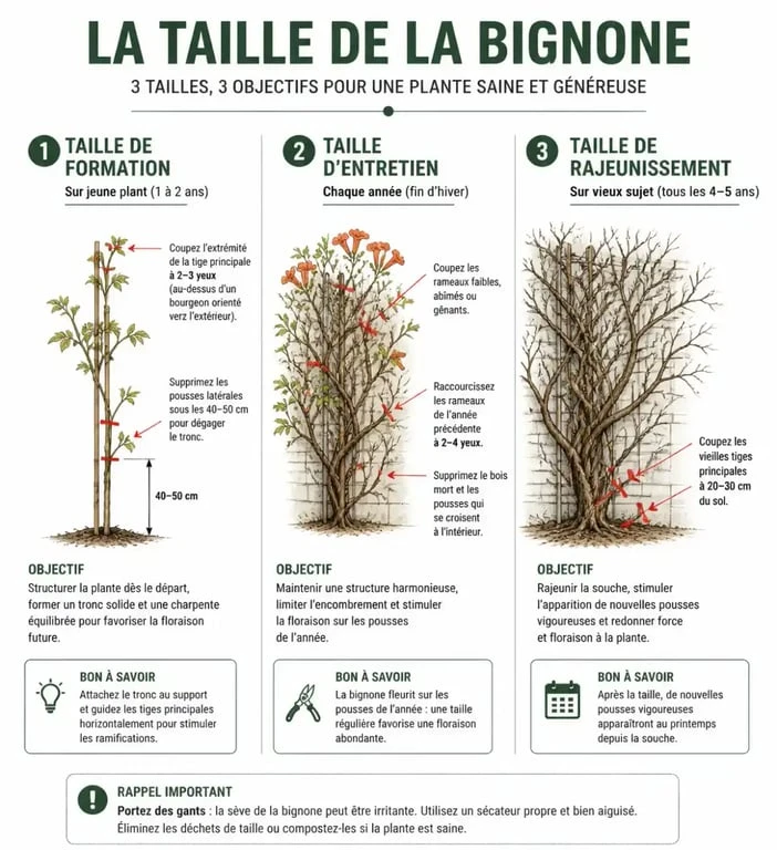 Infographie explicative sur les trois techniques pour savoir quand tailler la bignone