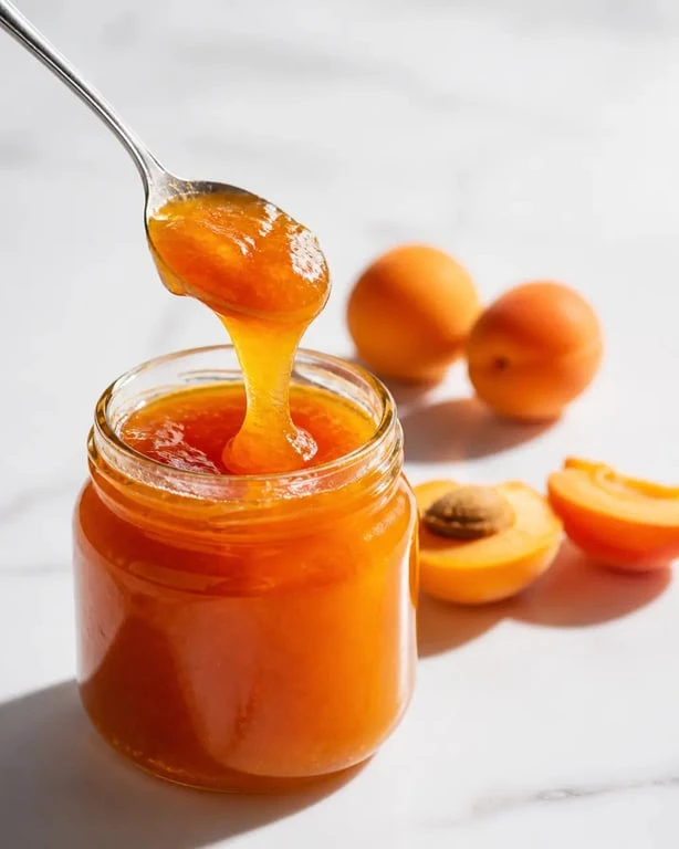 Confiture des abricots maison dans un pot en verre avec cuillère et abricots frais