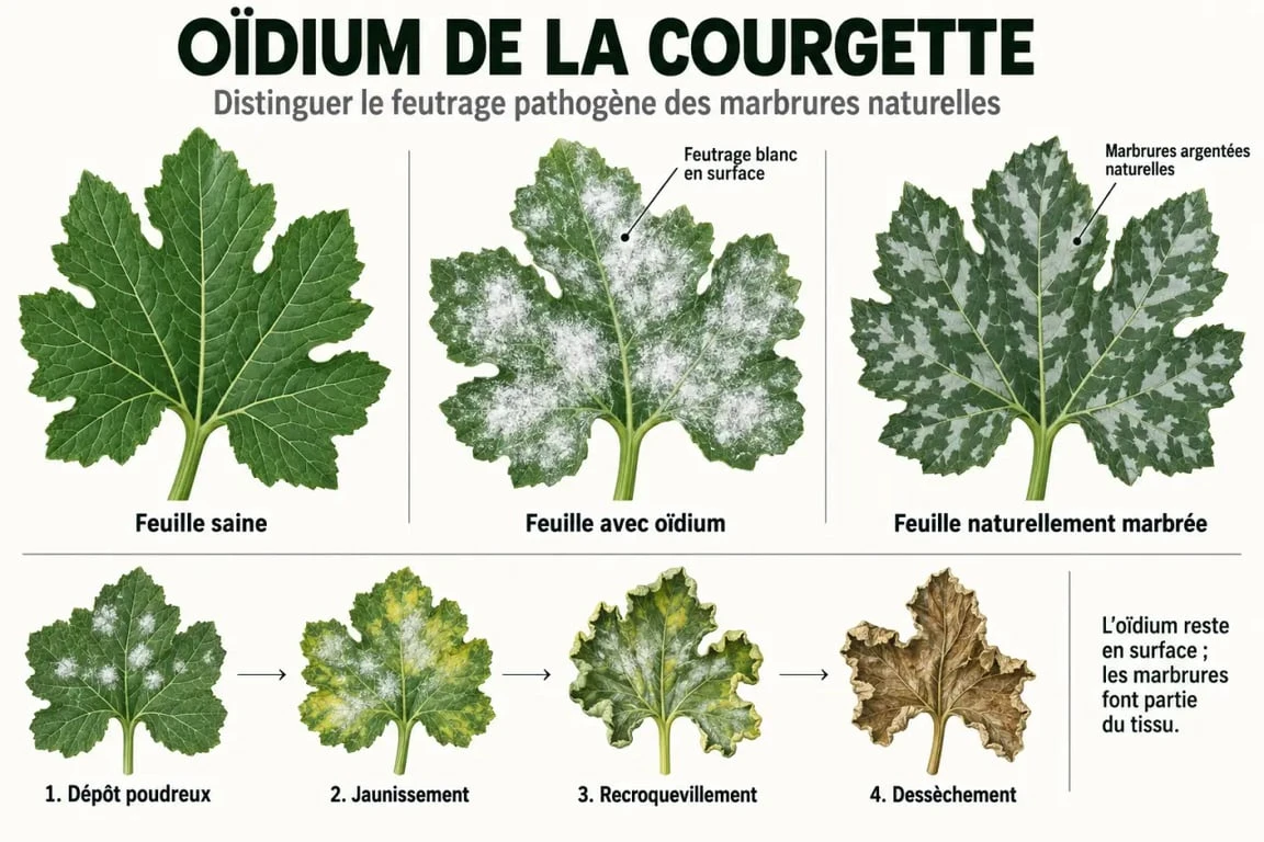 Traitement oidium courgette : reconnaître les symptômes sur une feuille