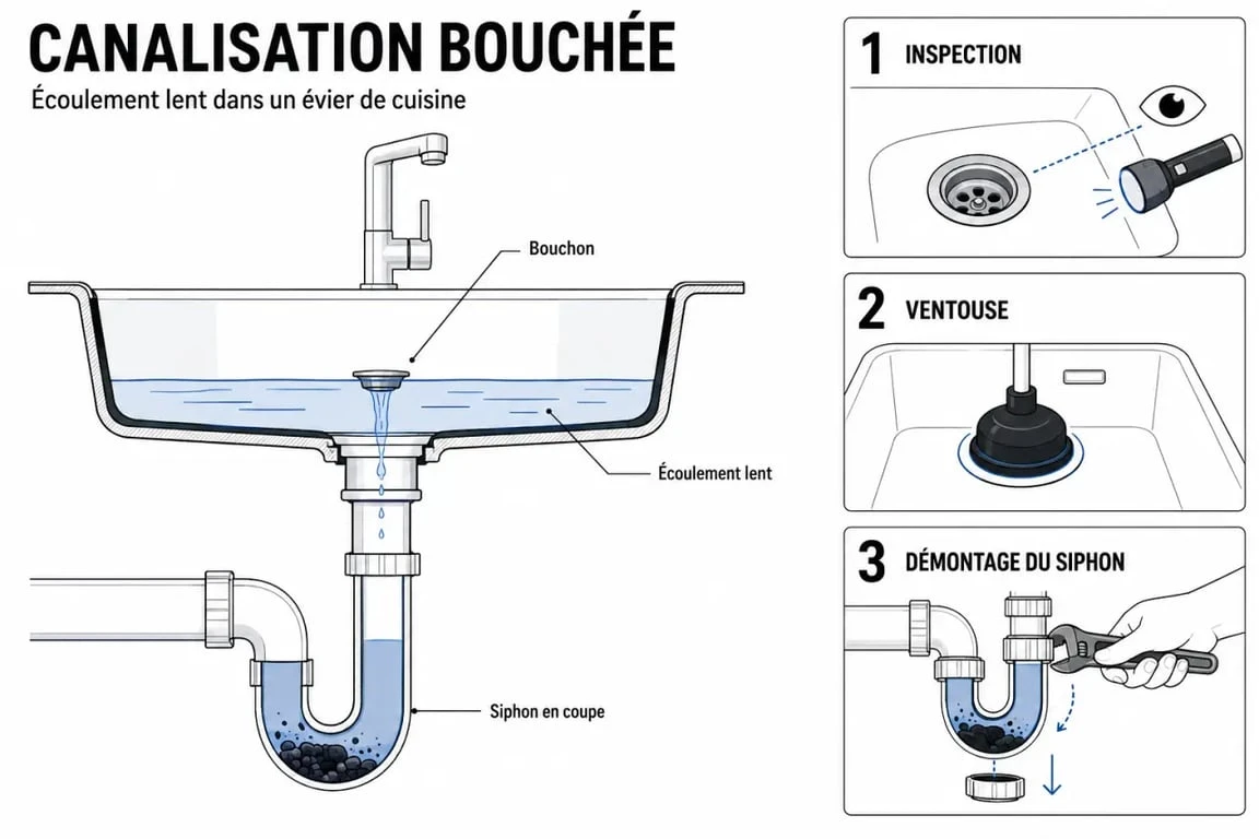Canalisation bouchée : évier avec siphon visible et étapes de débouchage