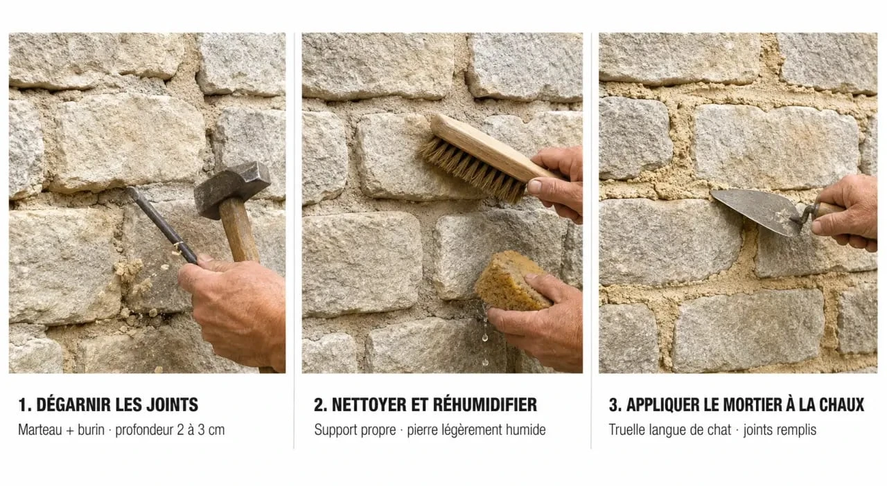Jointage mur en pierre en trois étapes : dégarnissage, humidification et application du mortier