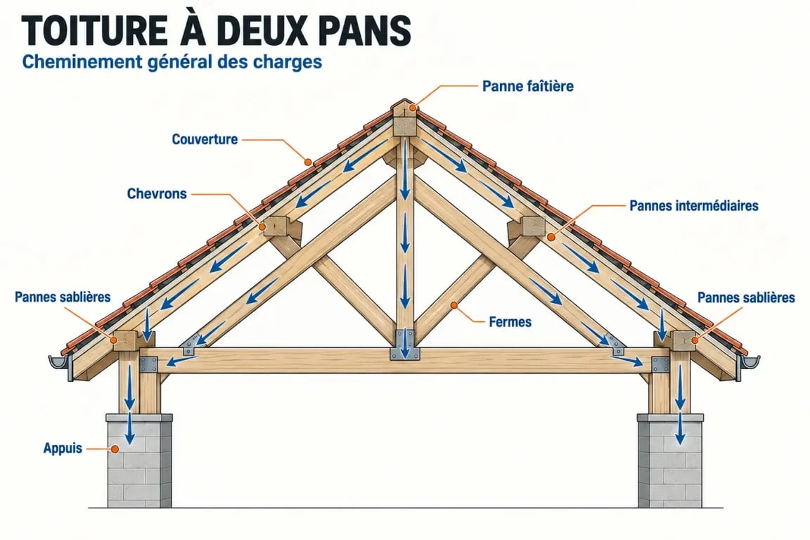 Schéma simplifié d’une panne charpente avec chevrons, fermes et couverture