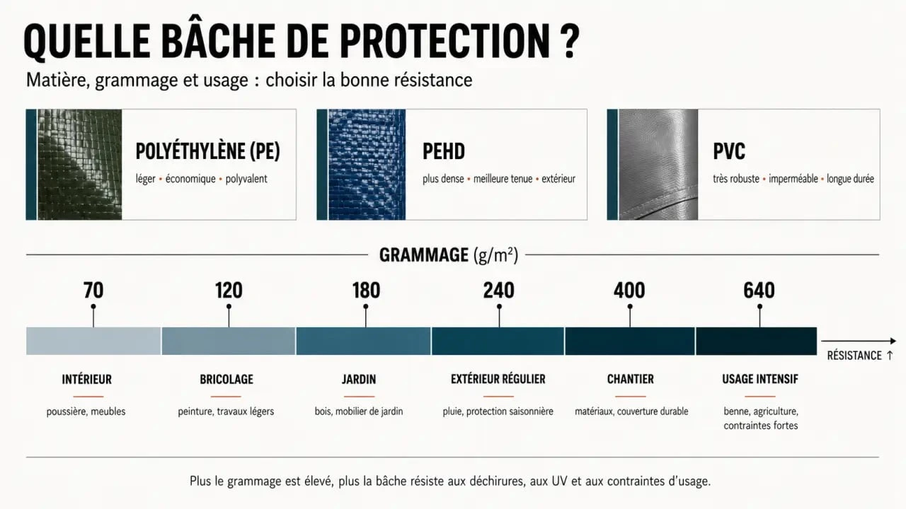 Infographie comparative sur les matières et grammages d’une bâche de protection