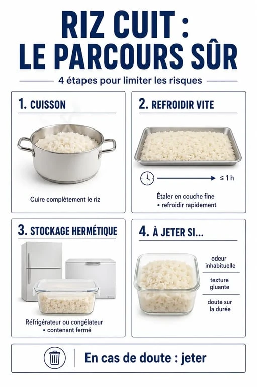 Comment conserver le riz cuit : visuel éditorial des étapes de refroidissement, stockage au froid et signes d’alerte