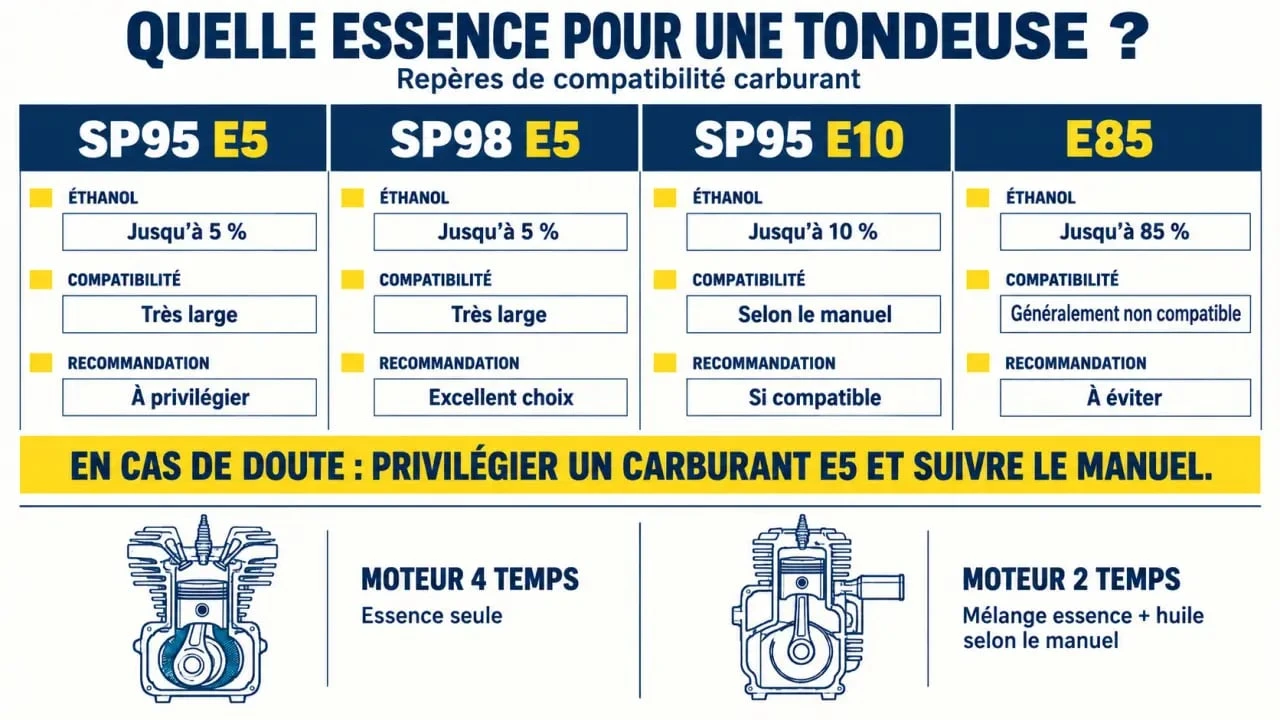 Infographie comparative pour choisir l’essence d’une tondeuse entre SP95 E5, SP98 E5, SP95 E10 et E85