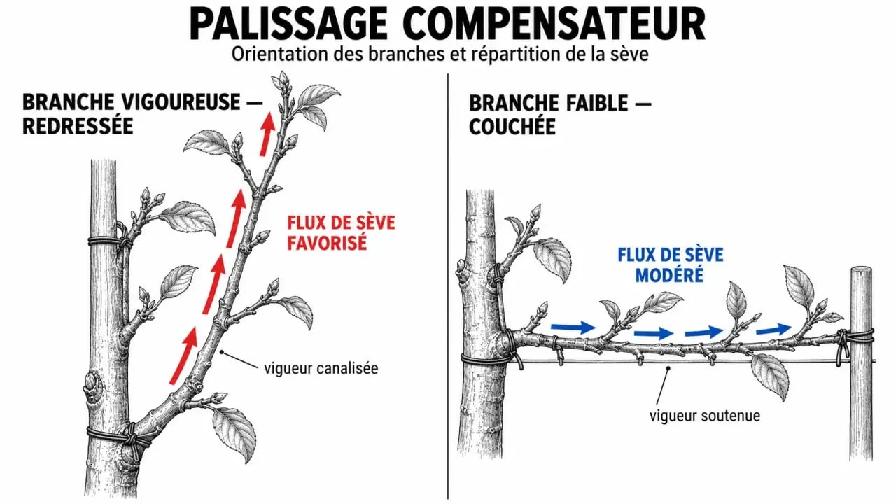 Principe du palissage compensateur pour la taille pommier espalier