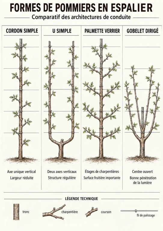 Schéma comparatif des différentes formes de taille pommier espalier