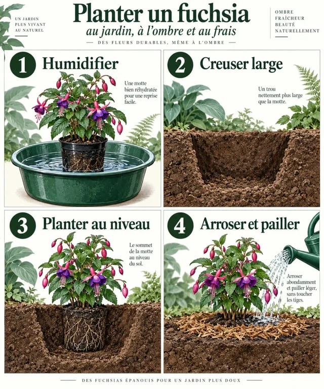 Étapes pour planter un fushia en pleine terre avec arrosage et paillage