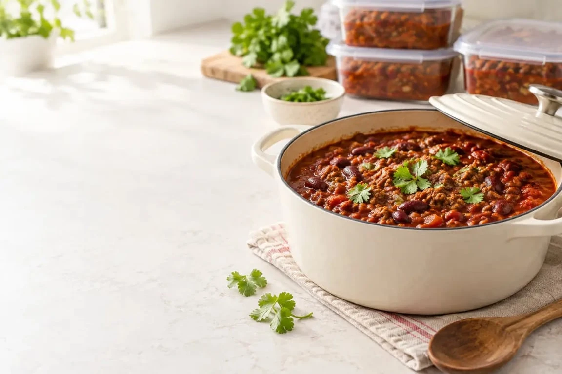 Plats mijotés à préparer la veille : chili con carne en cocotte et portions prêtes à réchauffer