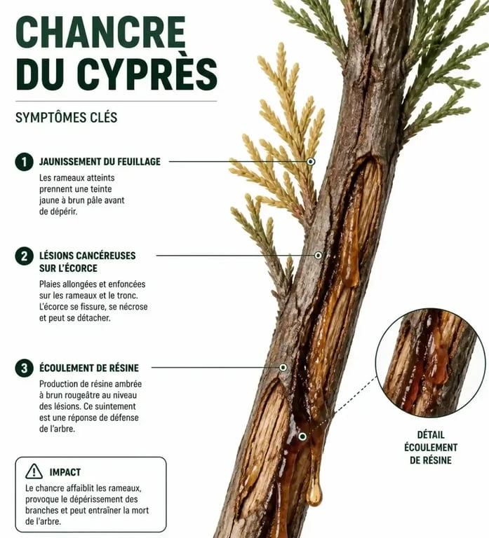 Symptômes du chancre cortical sur cyprès de leyland