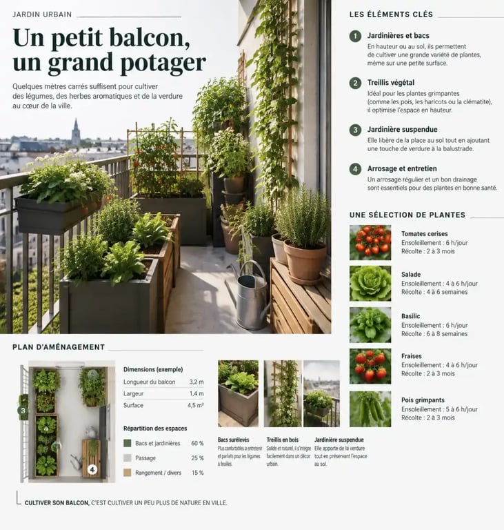 Potager urbain aménagé sur un balcon avec bacs et culture verticale