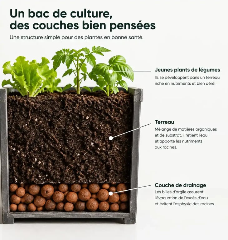 Coupe d'un bac de potager balcon montrant drainage et terreau