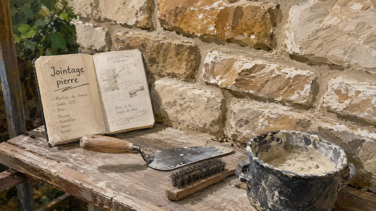 Jointage mur en pierre : joints dégarnis 2 à 3 cm et chaux