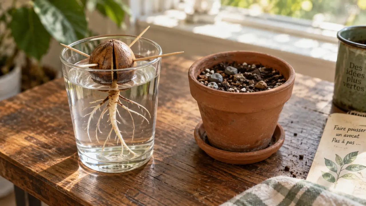 Noyau d avocat en germination avec cure-dents et eau à 20 °C