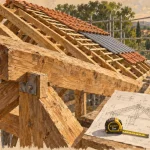 Panne charpente sur chantier, pannes et chevrons en cours de toiture