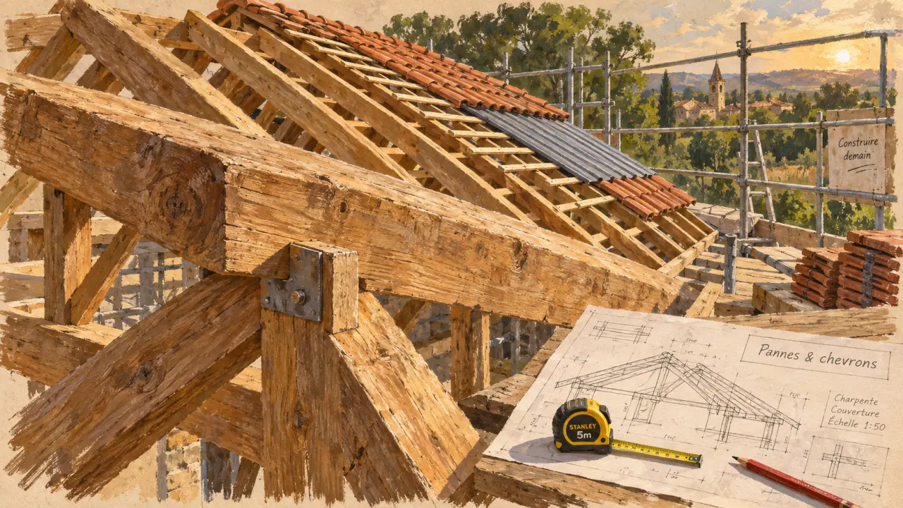 Panne charpente sur chantier, pannes et chevrons en cours de toiture