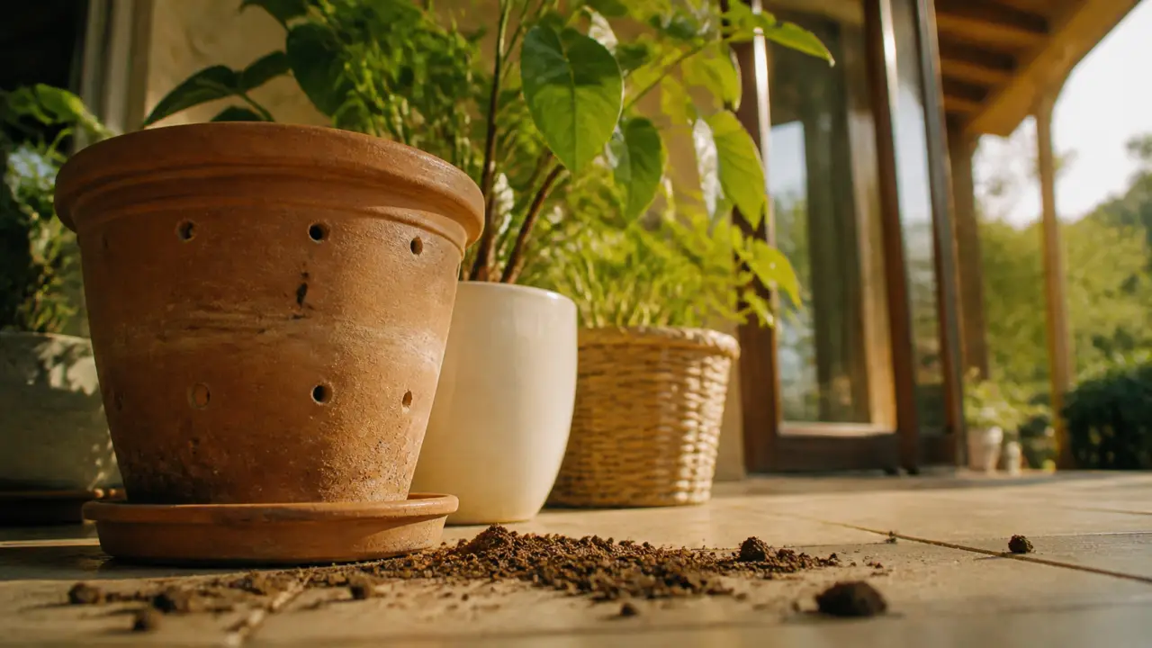 Pot de fleurs en terre cuite avec drainage et soucoupe étanche, plante verte