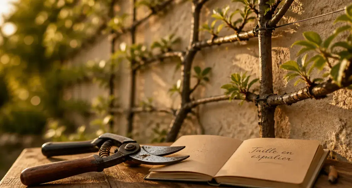Taille pommier espalier : sécateur sur planche, arbre palissé au mur