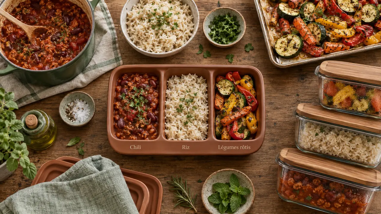 Batch cooking recette : 4 bases prêtes, chili, riz, légumes rôtis, boîtes hermétiques