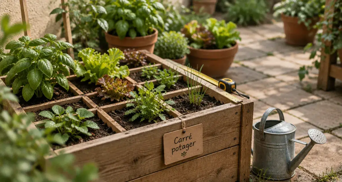 Carré potager en bois non verni, terre humide et plants