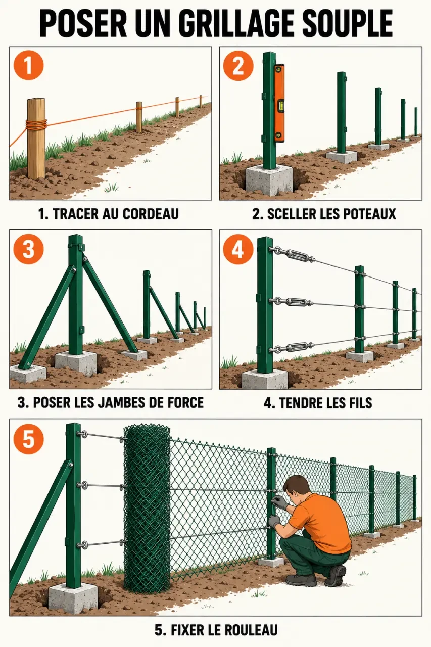 Illustration des étapes de la pose d’un grillage souple avec poteaux, jambes de force et fils de tension