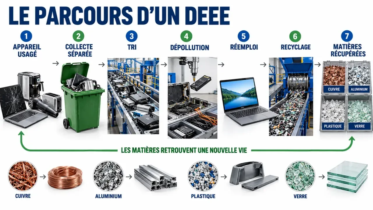 Parcours des déchets DEEE de la collecte au recyclage et au réemploi