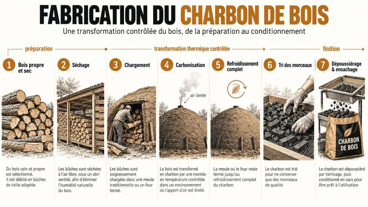 Schéma de la fabrication charbon de bois, du bois sec à la carbonisation et à l'ensachage