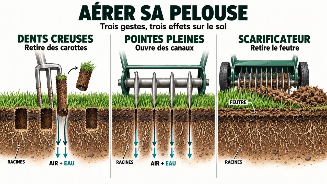 Aérateur de gazon à dents creuses, pointes pleines et scarificateur comparés dans une coupe du sol