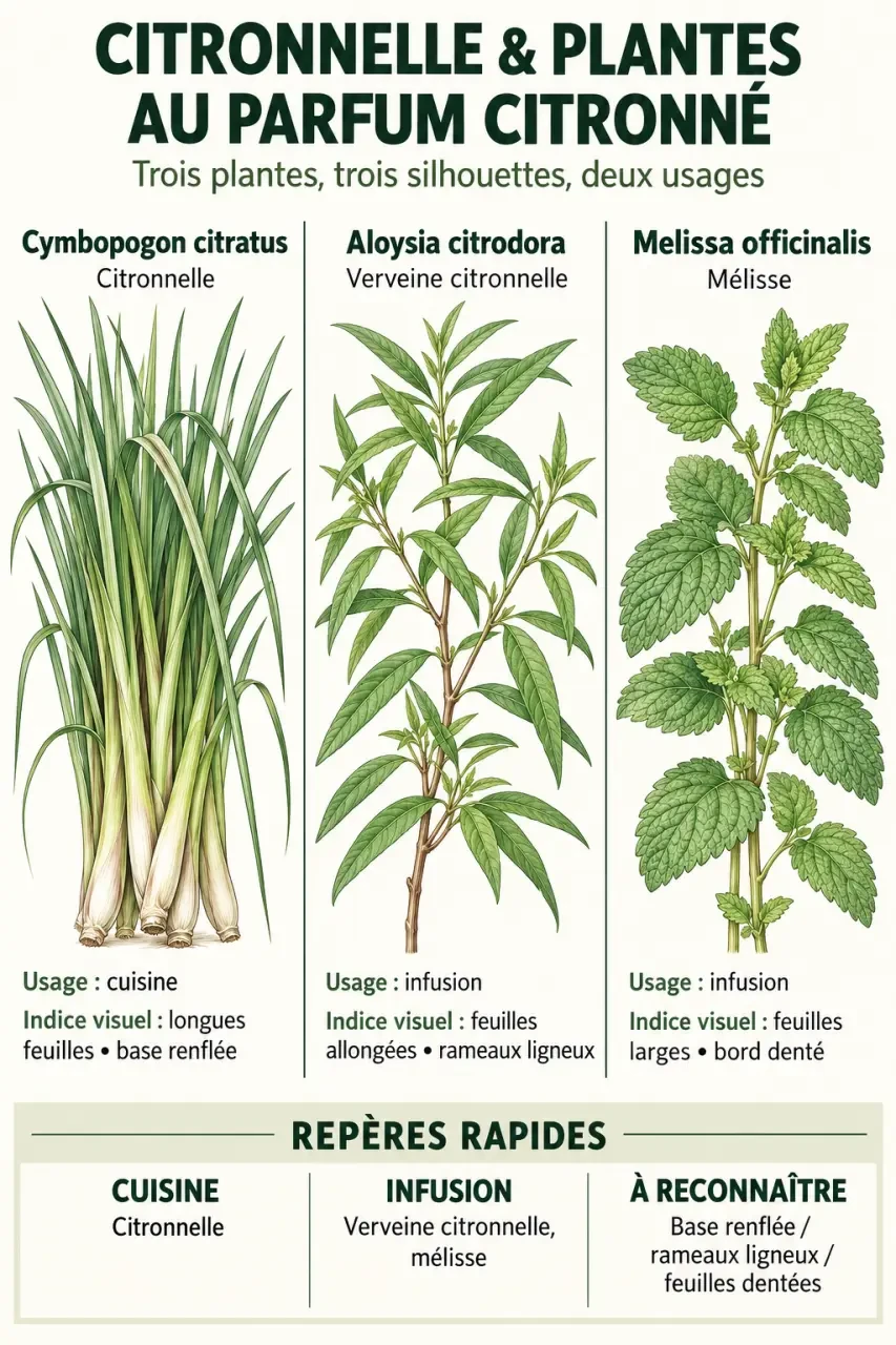 Infographie comparative pour reconnaître la citronnelle, la verveine citronnelle et la mélisse