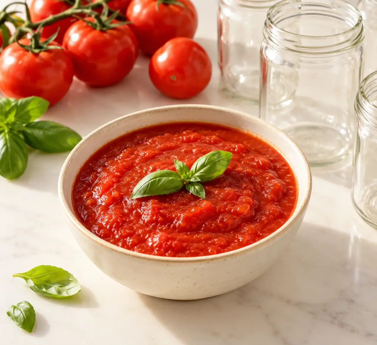 Sauce tomate pour conserve maison dans un bol avec des bocaux en verre