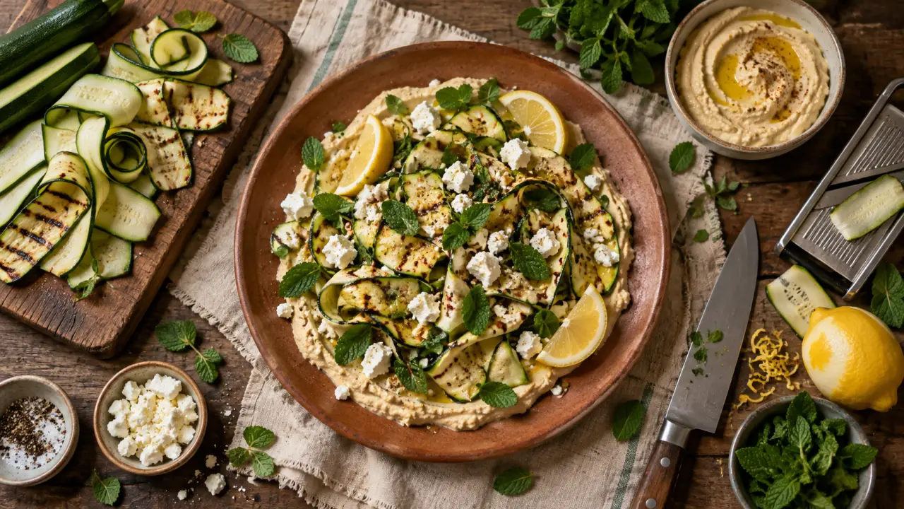 Recette ete : salade courgettes grillées, feta et houmous